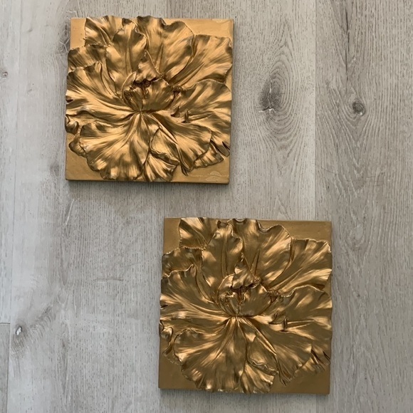 Gold wall art flowers textured heavy plastic set of two luxury home‎ decor 3D - Picture 6 of 12